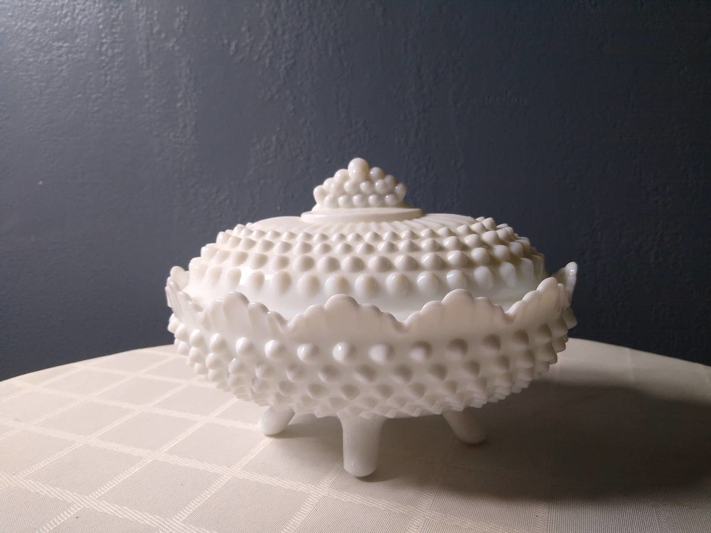 Fenton hobnail milk glass legged butter dish with lid